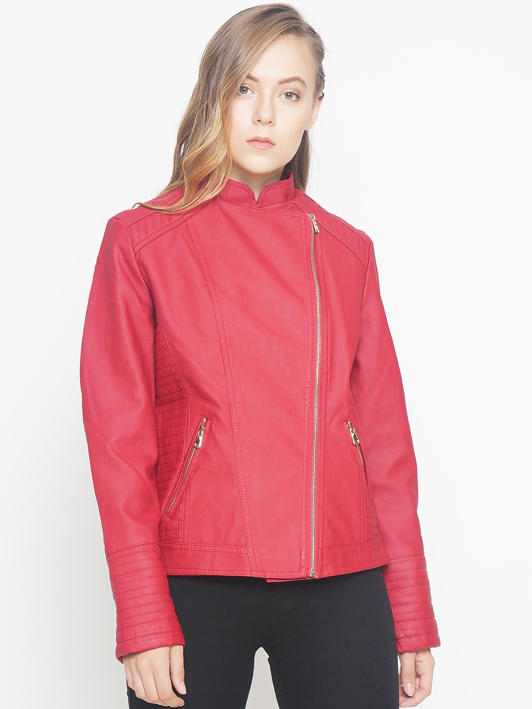 

The Indian Garage Co Women Red Solid Biker Jacket