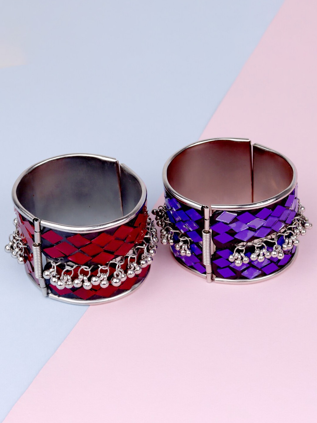 

Krelin Women Set Of 2 Sterling Silver Mirror Silver-Plated Cuff Bracelet, Red