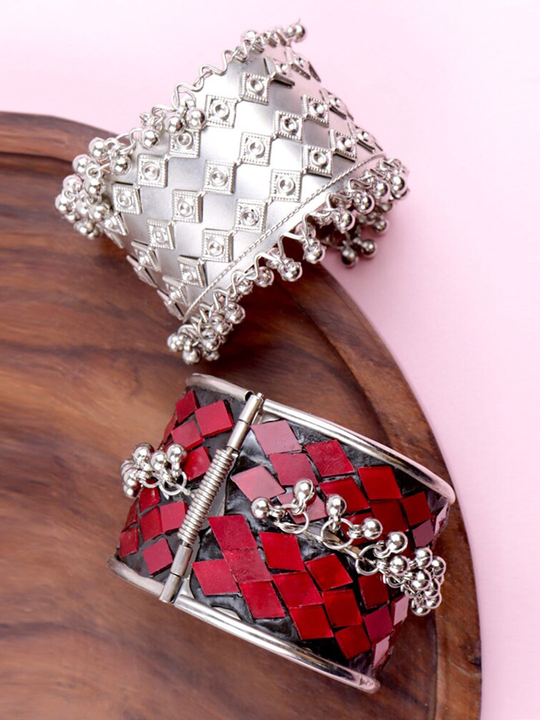 

Krelin Women Set Of 2 Sterling Silver Mirror Silver-Plated Cuff Bracelet, Red