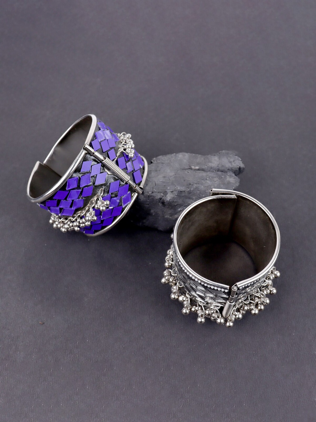 

Krelin Women Set Of 2 Silver Plated Oxidised Cuff Bracelets, Purple