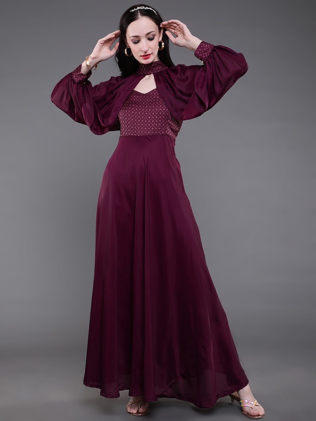 

saubhagya Geometric Printed Maxi Silk Dress With Cape Sleeve, Burgundy