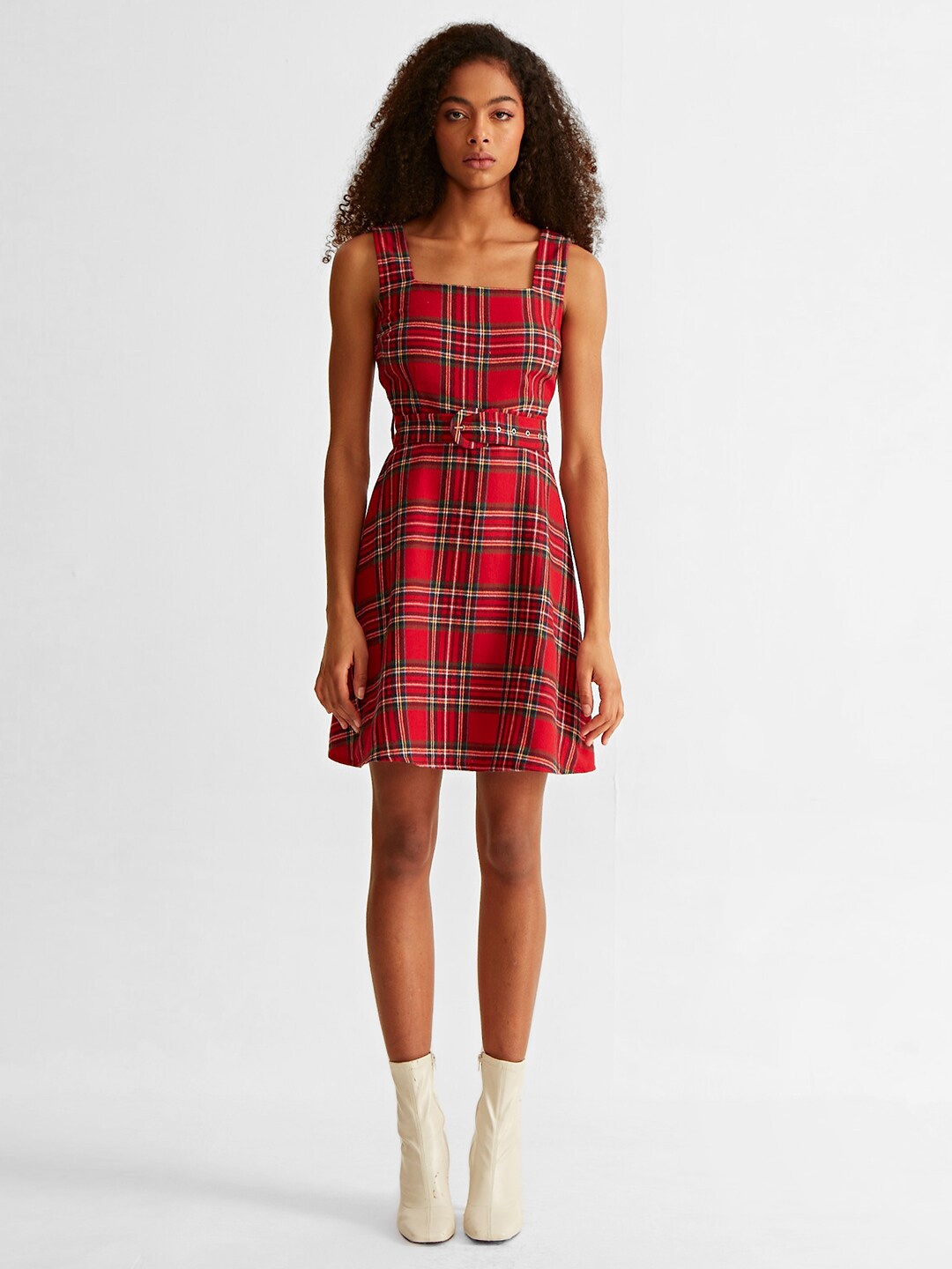 

COVER STORY Checked Belted A-Line Cotton Dress, Red