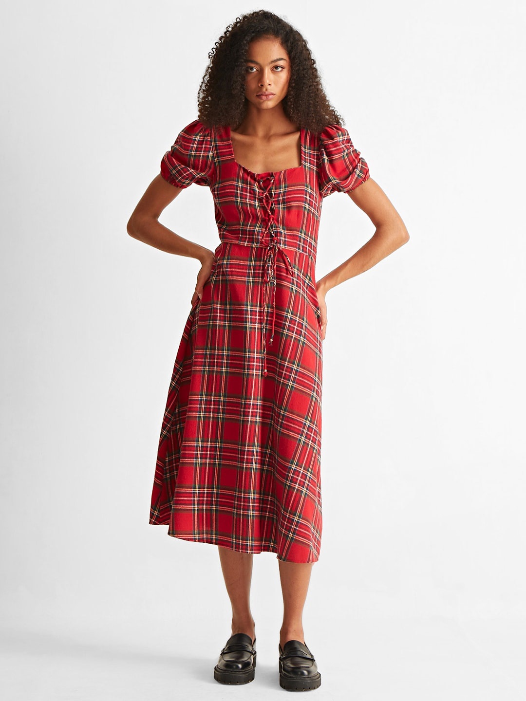 

COVER STORY Square Neck Checked Fit & Flare Cotton Midi Dress, Red