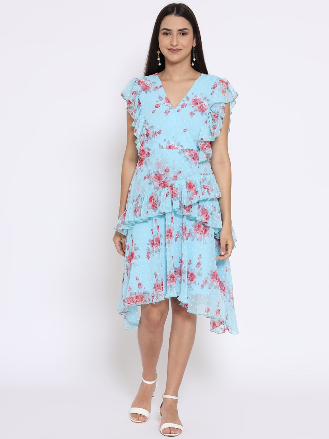 

MARC LOUIS Floral Printed V-Neck Dobby Dress, Blue