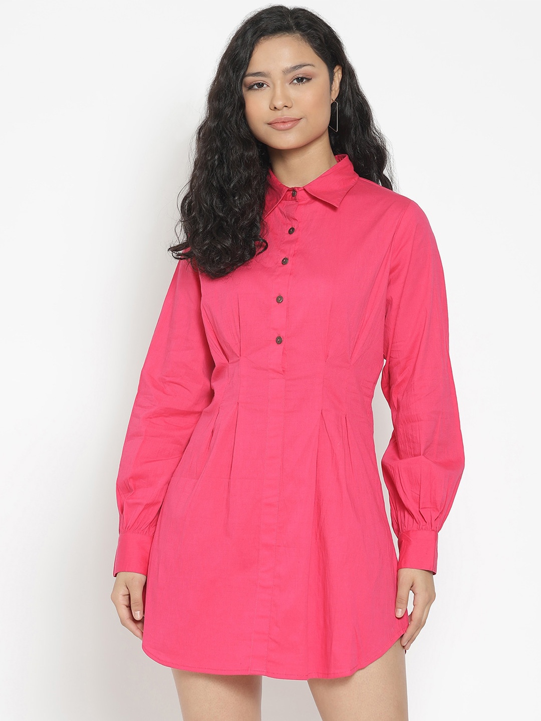 

MARC LOUIS Cuffed Sleeves Gathered Cotton Shirt Dress, Pink