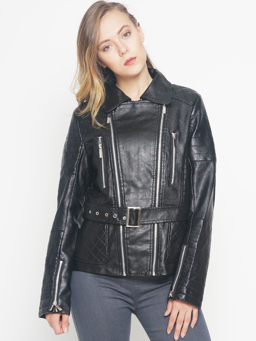 

The Indian Garage Co Women Black Solid Biker Jacket