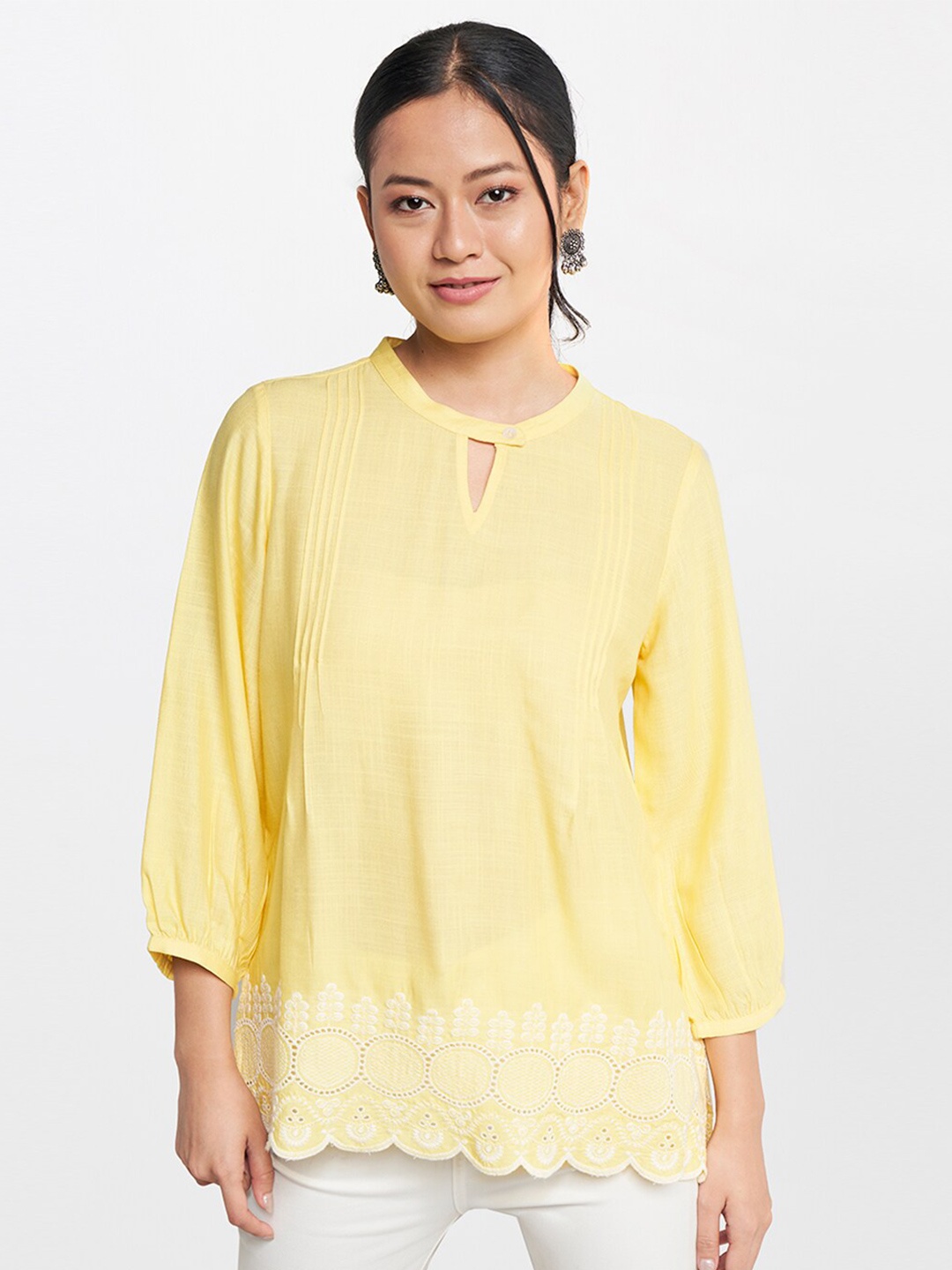 

Global Desi Keyhole Neck Embroidered Top, Yellow