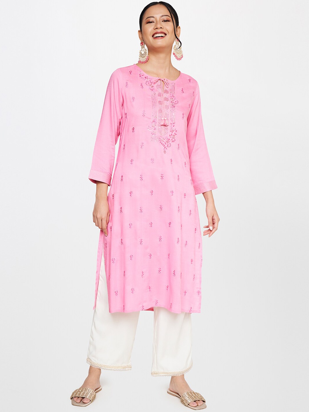 

Global Desi Ethnic Motifs Embroidered Thread Work Kurta, Pink