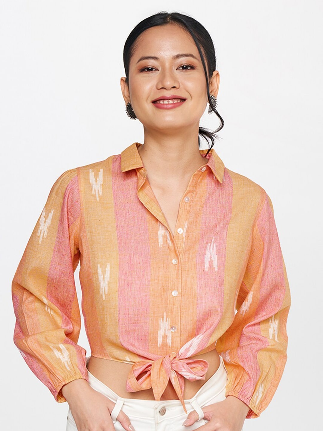 

Global Desi Self Design Tie up Pure Cotton Shirt Style Top, Mustard
