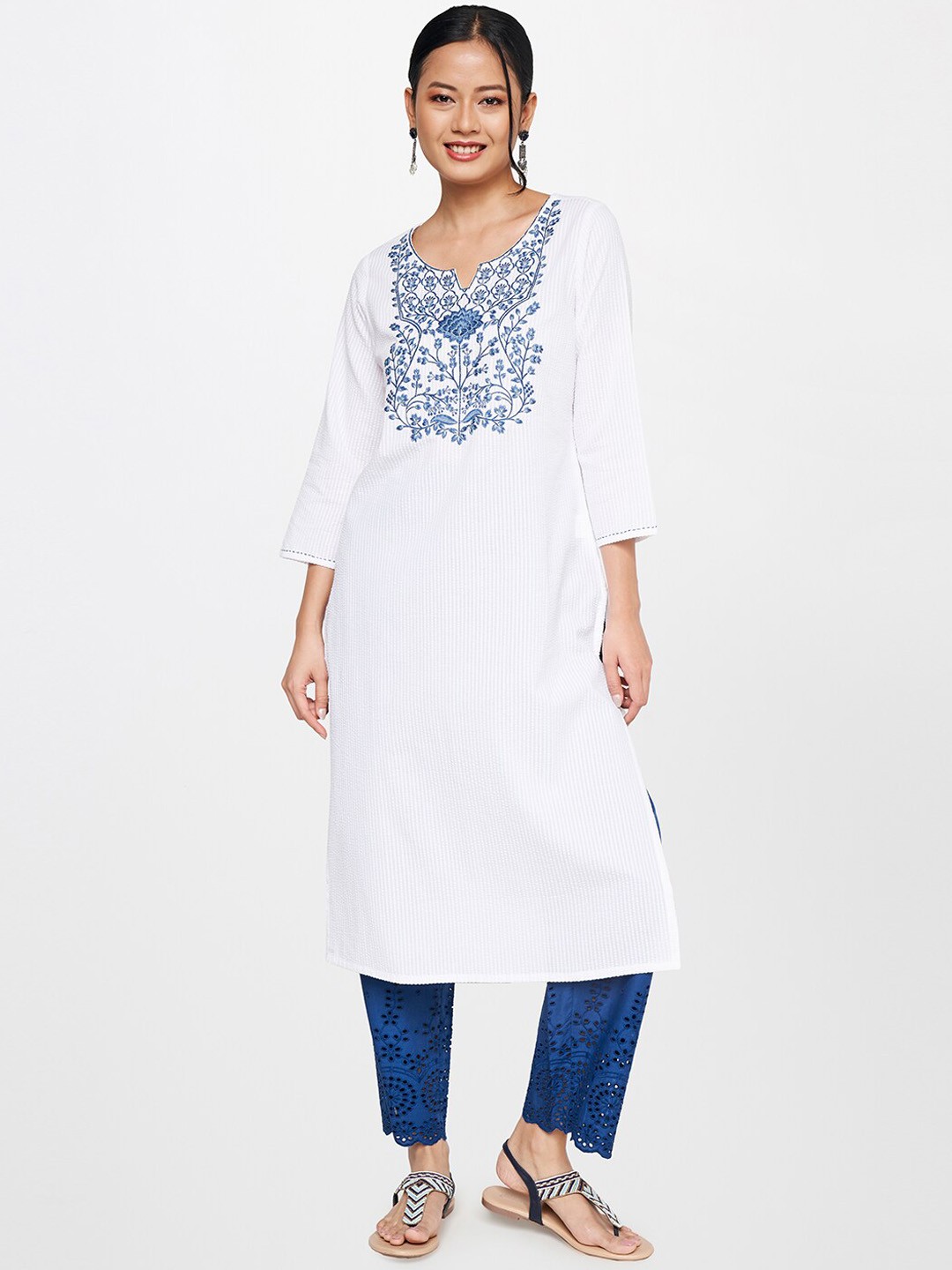 

Global Desi Round Neck Yoke Design Embroidered Pure Cotton Kurta, White