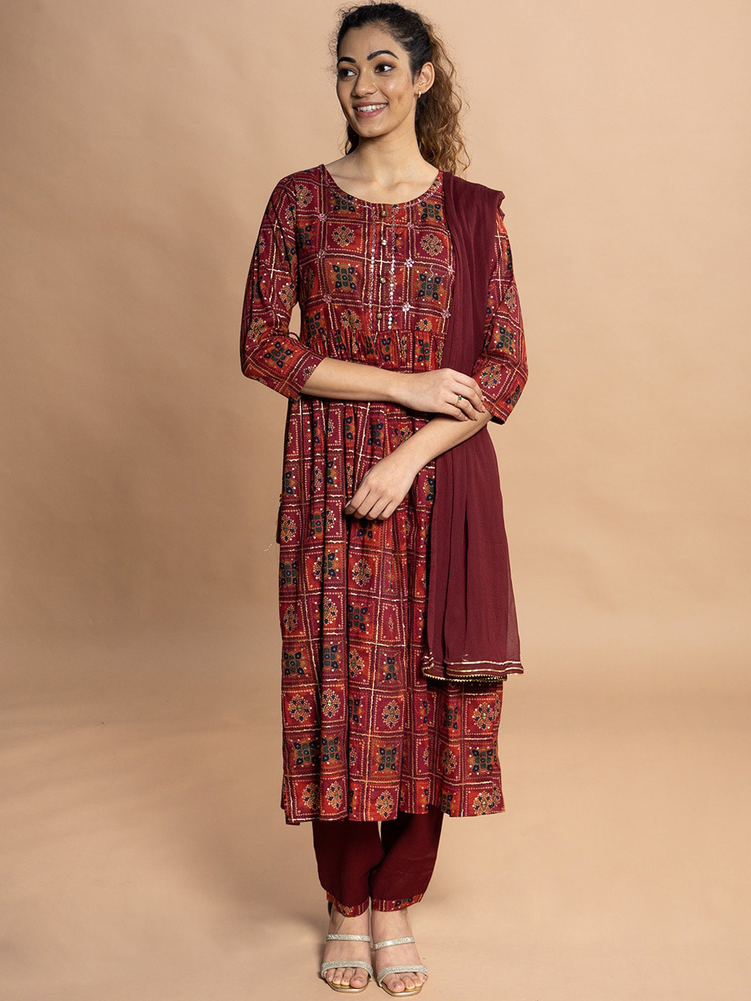 

Rmya Bandhani Printed Pleated Sequinned Pure Cotton Anarkali Kurta with Trousers & Dupatta, Maroon