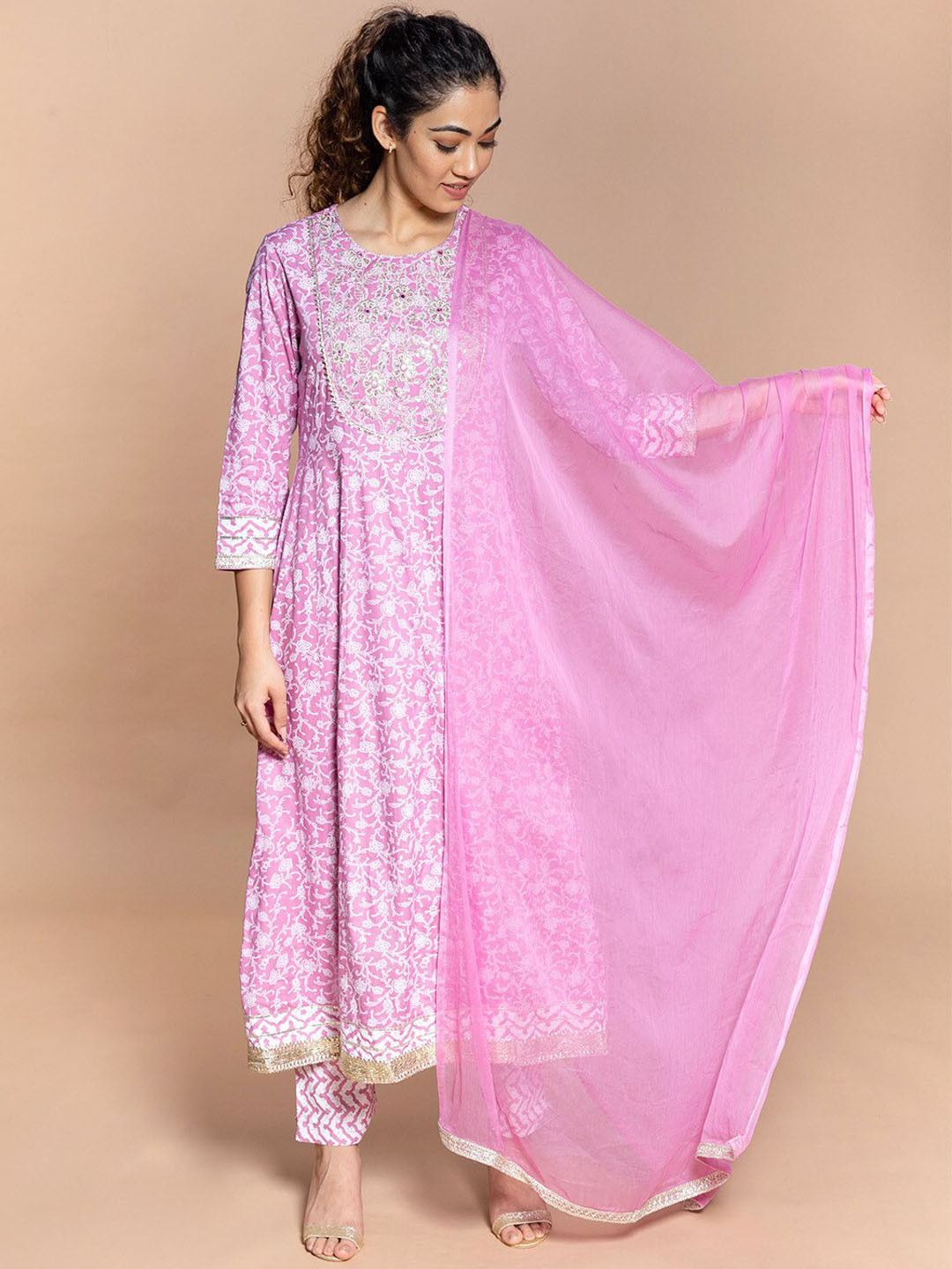 

Rmya Floral Printed Beads And Stones Anarkali Kurta with Trousers & Dupatta, Pink