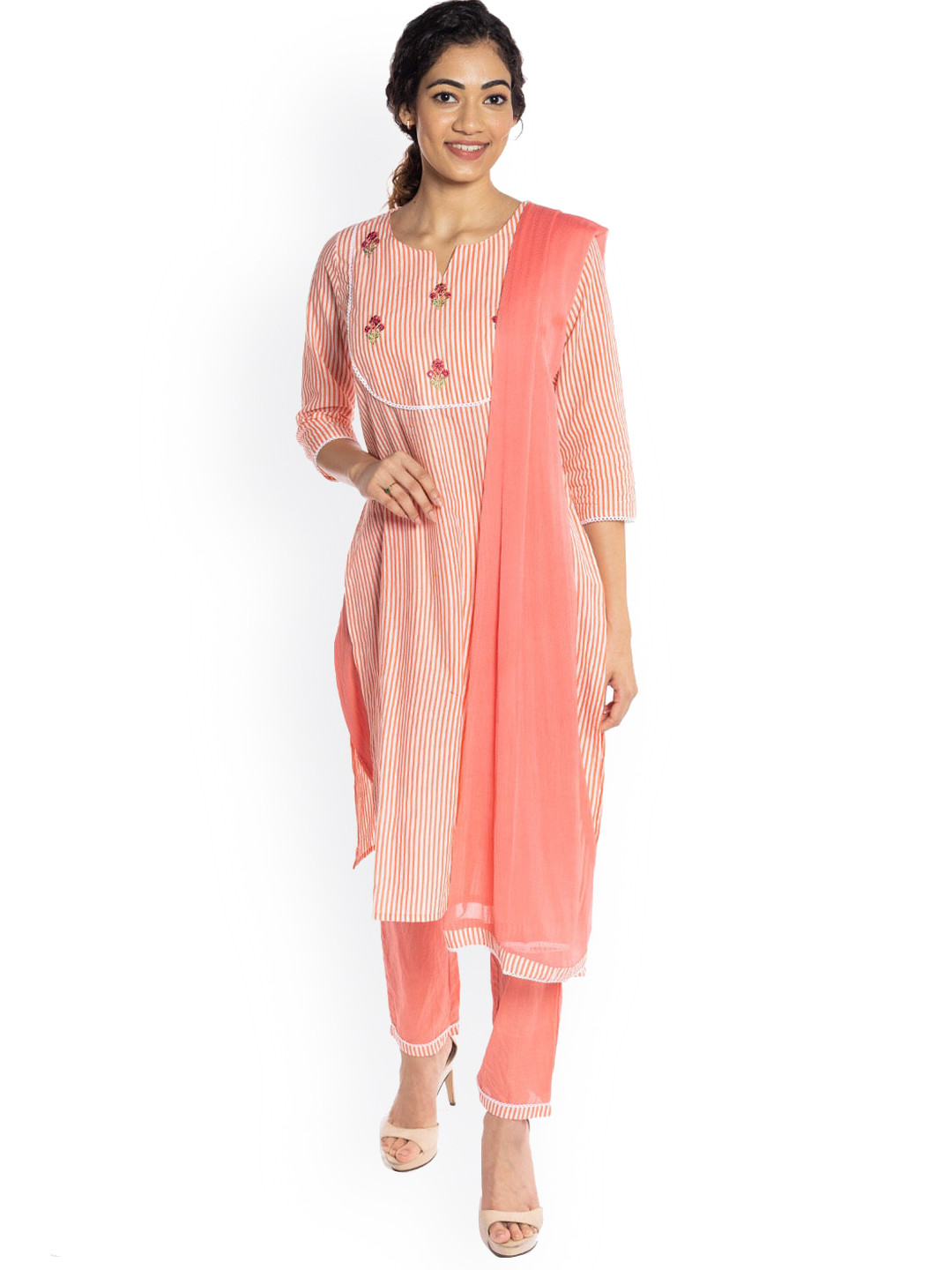 

Rmya Striped Thread Work Pure Cotton Kurta with Trousers & With Dupatta, White