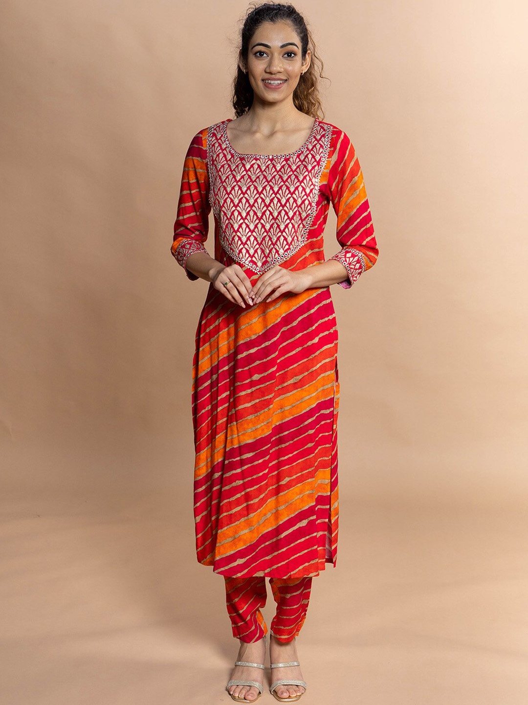 

Rmya Leheriya Printed Kurta with Trousers & Dupatta, Orange