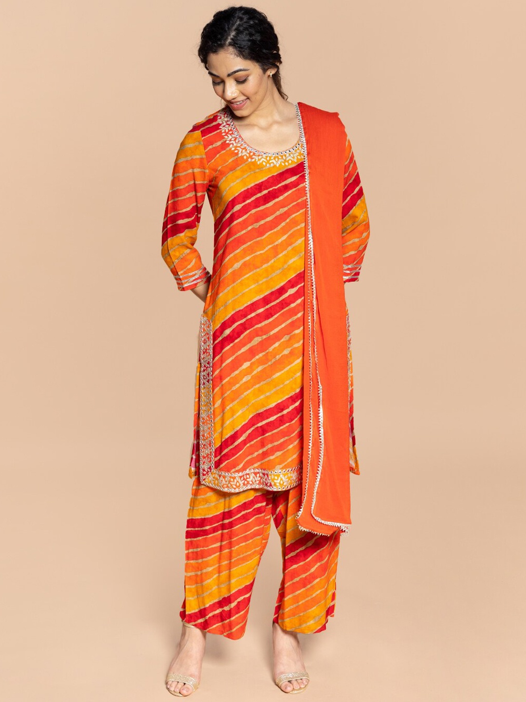 

Rmya Leheriya Printed Thread Work Kurta With Palazzos & Dupatta, Yellow
