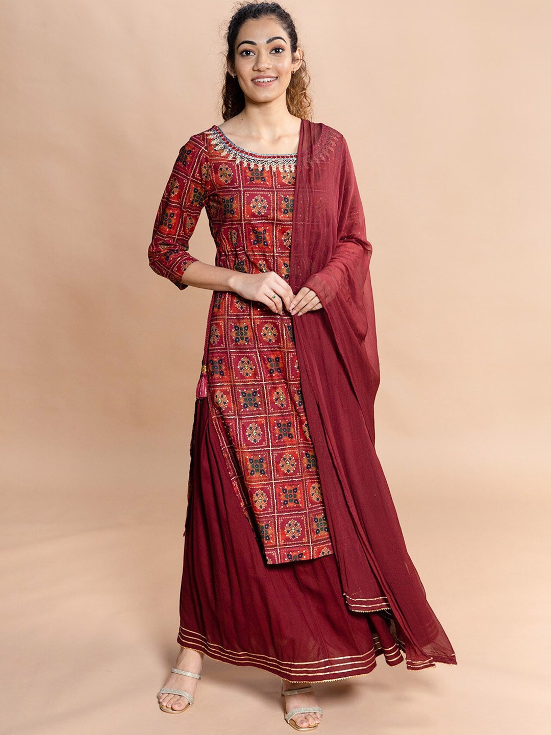 

Rmya Bandhani Printed Sequinned Pure Cotton Kurta With Palazzos & Dupatta, Maroon