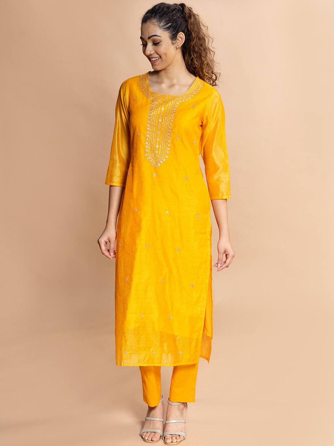 

Rmya Ethnic Motifs Sequinned Embroidered Kurta With Trousers & Dupatta, Mustard