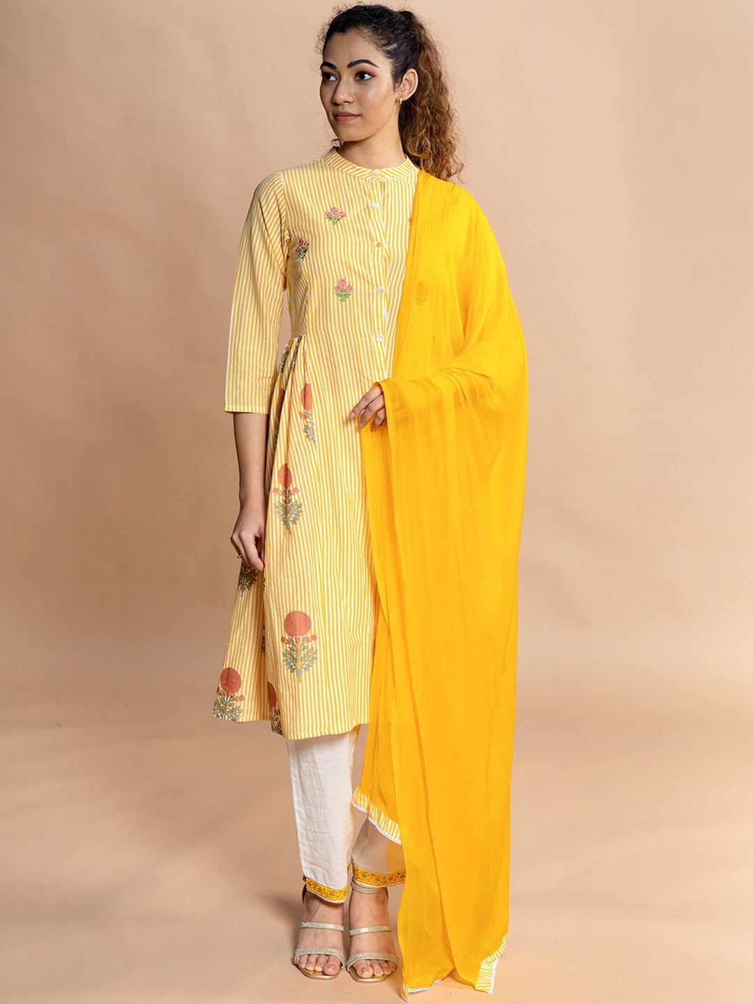 

Rmya Striped Thread Work Pure Cotton Kurta With Trousers & Dupatta, Yellow