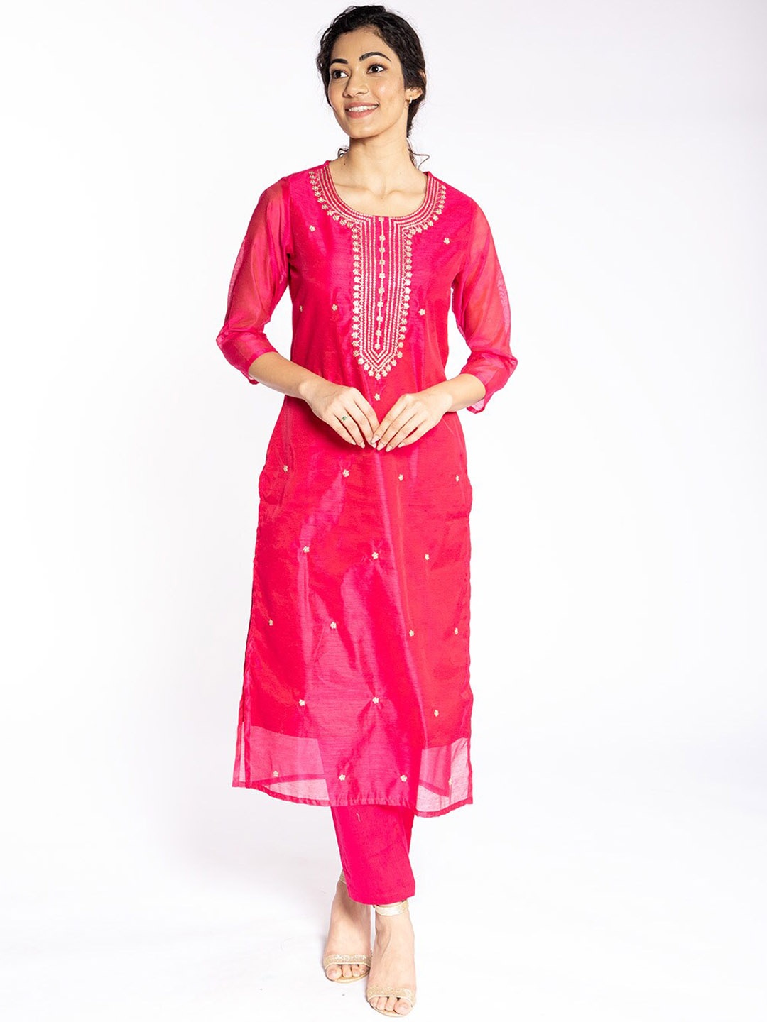 

Rmya Floral Embroidered Pure Silk Kurta With Trousers & Dupatta, Pink