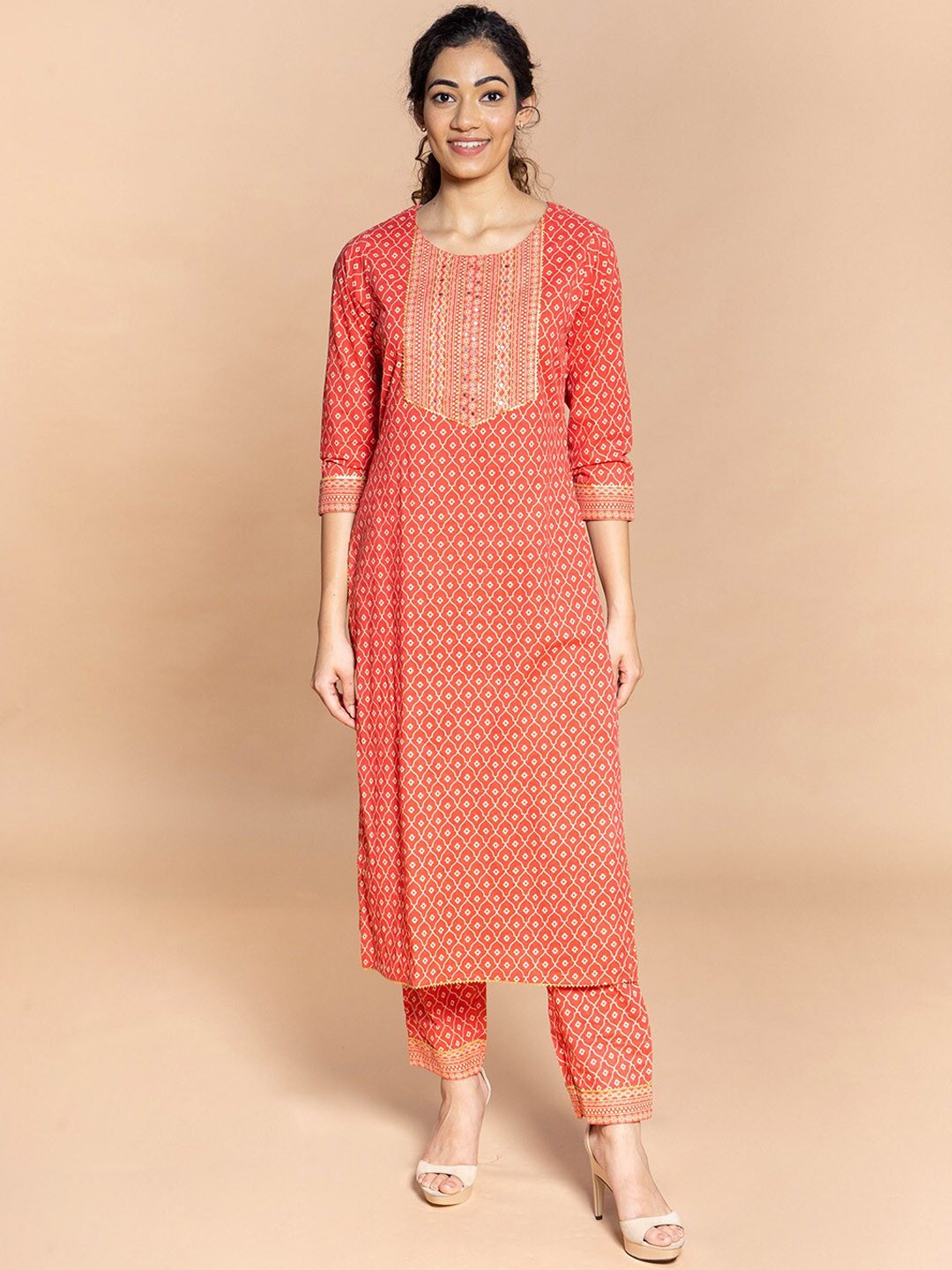 

Rmya Ethnic Motifs Printed Sequinned Pure Cotton Kurta With Trousers, Orange