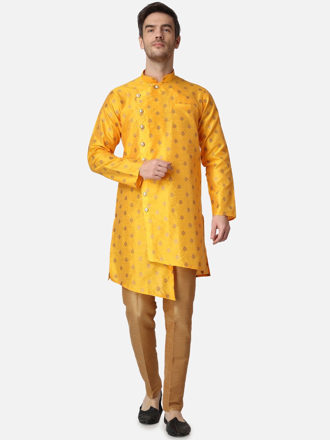

ROYAL KURTA Woven Design Asymmetric Angrakha Kurta with Trousers, Mustard