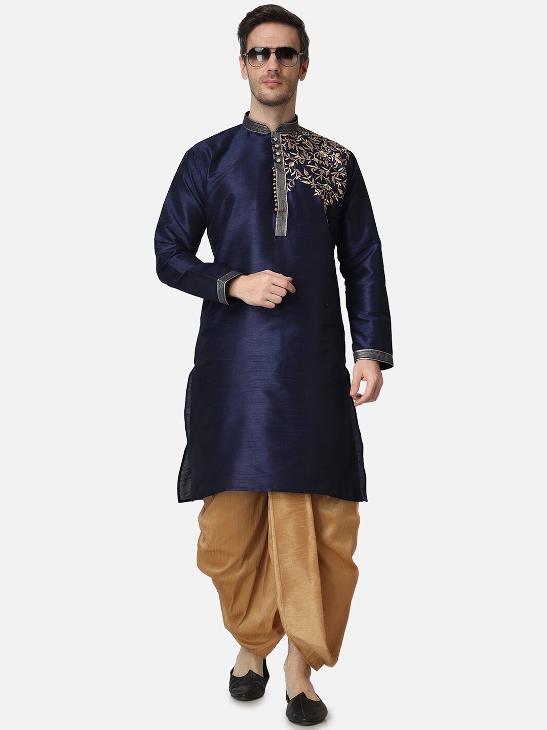 

ROYAL KURTA Ethnic Motifs Embroidered Thread Work Straight Kurta with Dhoti Pants, Navy blue