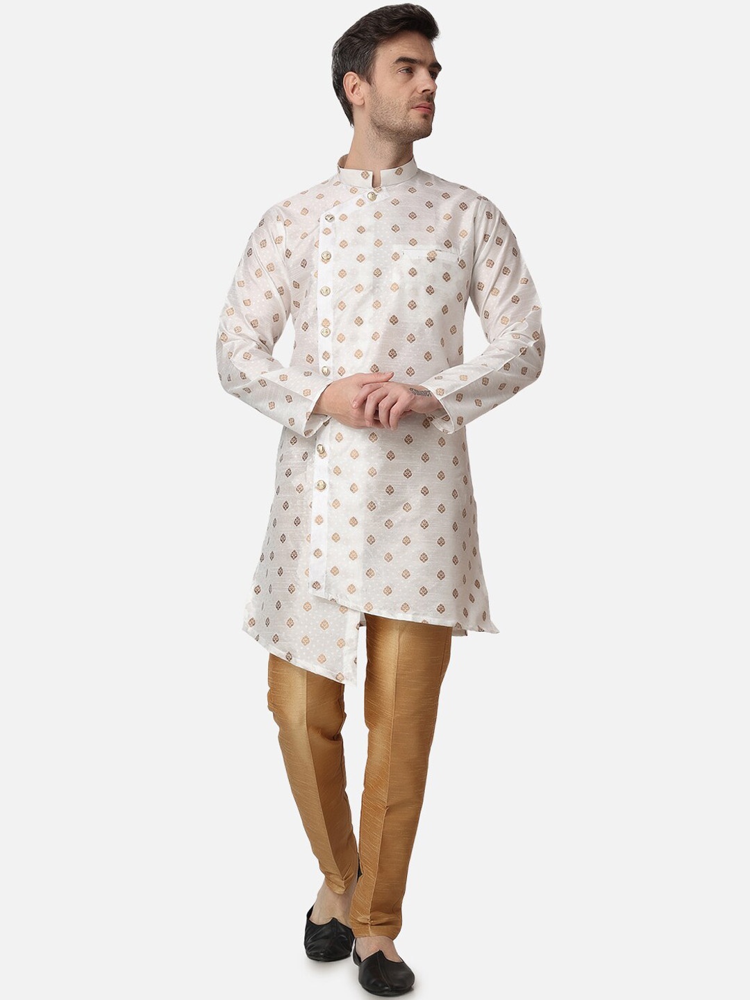 

ROYAL KURTA Asymmetric Ethnic Motifs Printed Mandarin Collar Kurta with Trousers, White