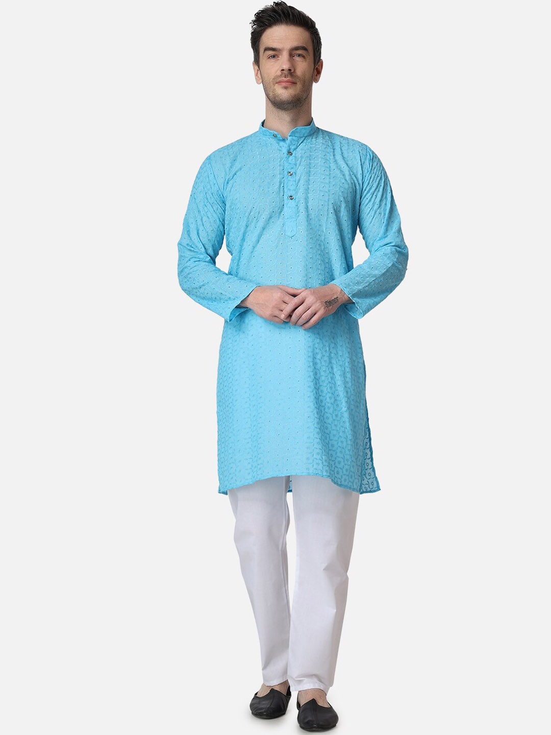 

ROYAL KURTA Ethnic Motifs Embroidered Thread Work Pure Cotton Kurta with Pyjamas, Blue