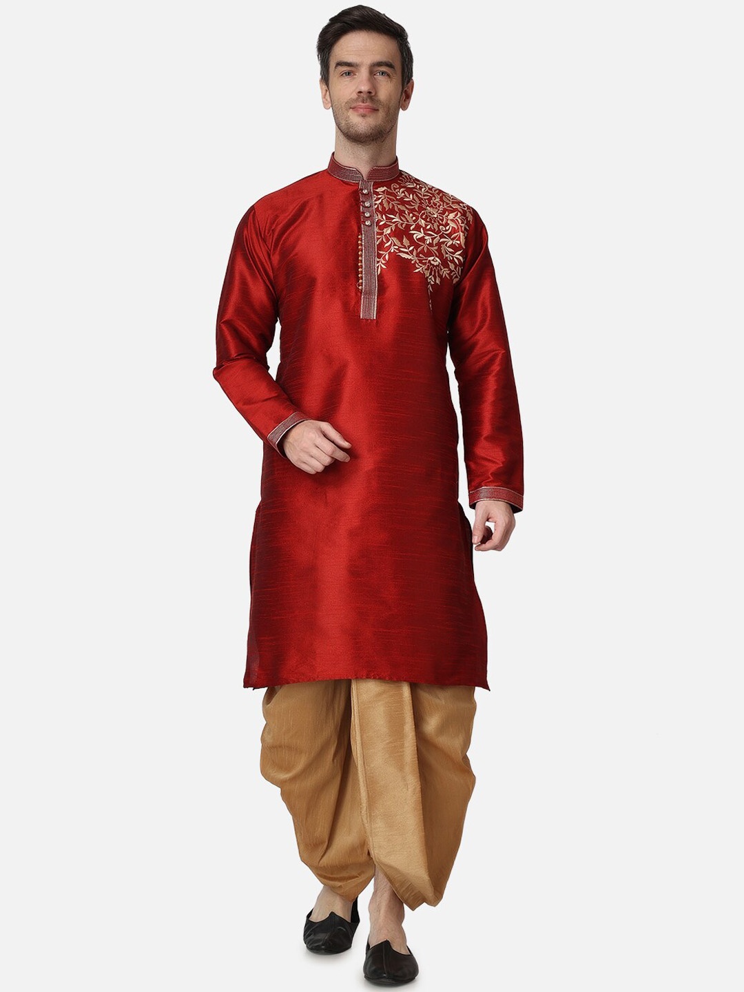 

ROYAL KURTA Ethnic Motifs Embroidered Kurta with Dhoti Pants, Maroon