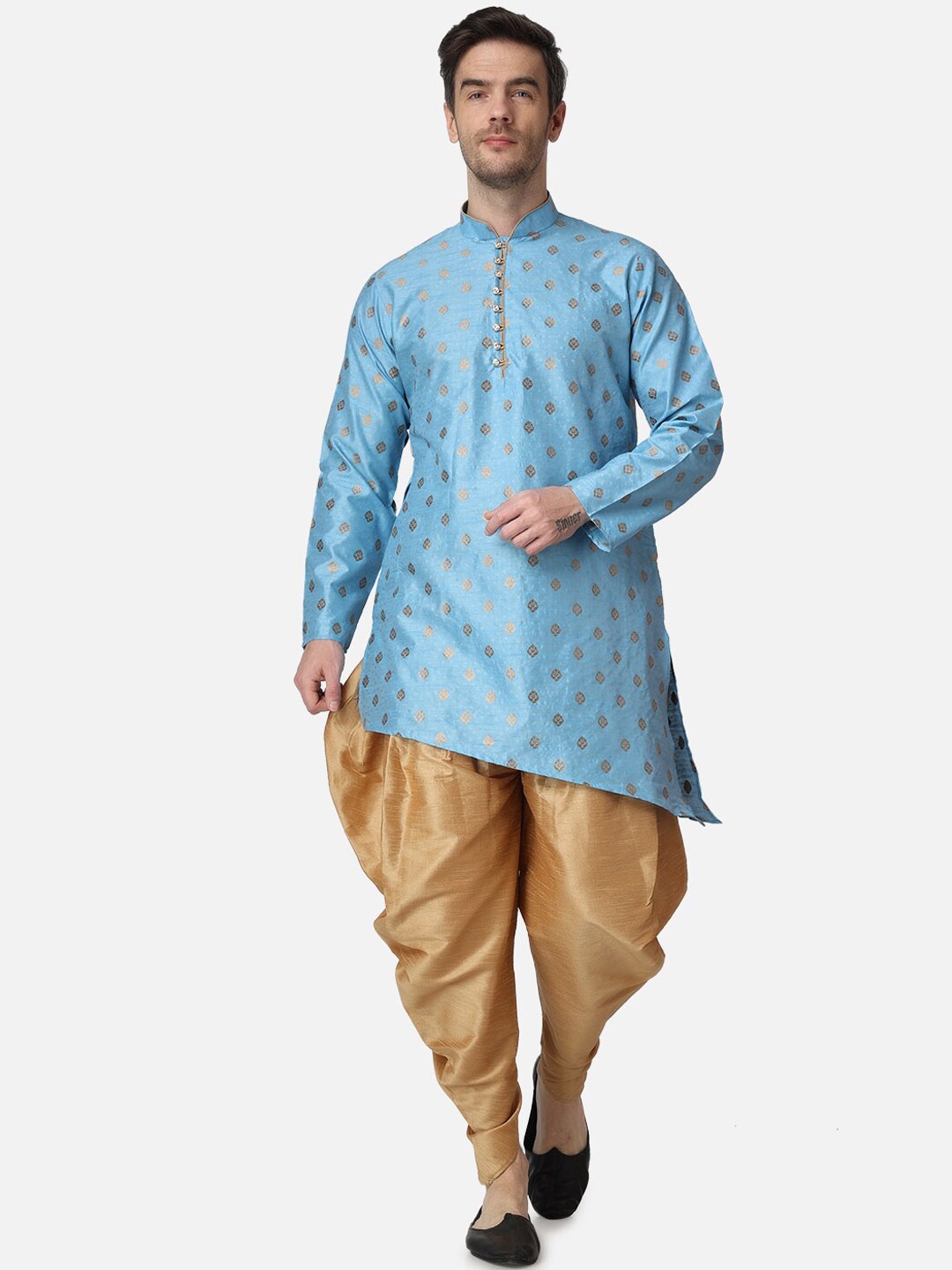 

ROYAL KURTA Ethnic Motifs Printed Asymmetric Kurta with Dhoti Pants, Turquoise blue