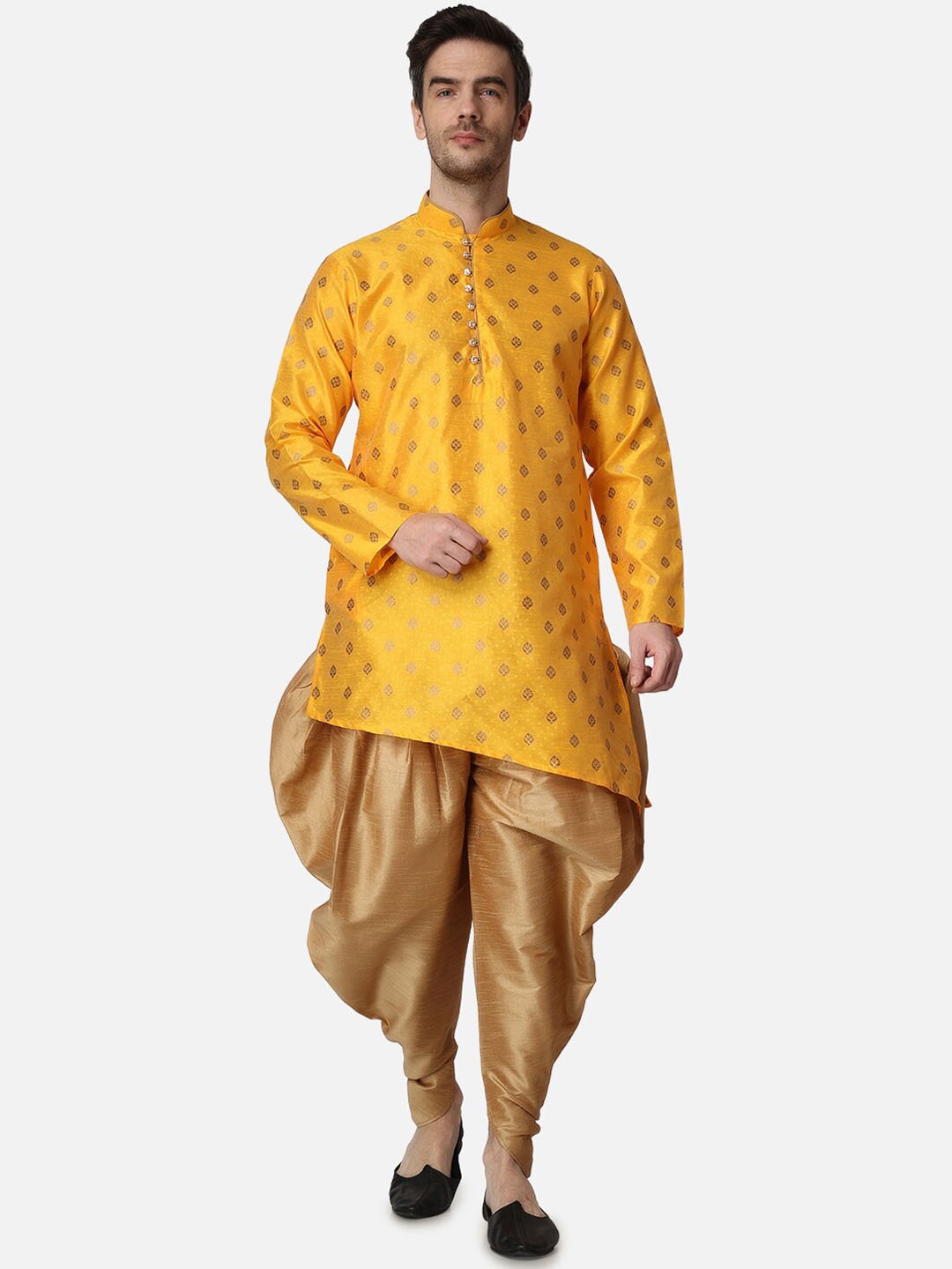 

ROYAL KURTA Mandarin Collar Ethnic Motifs Printed Kurta With Dhoti Pants, Mustard