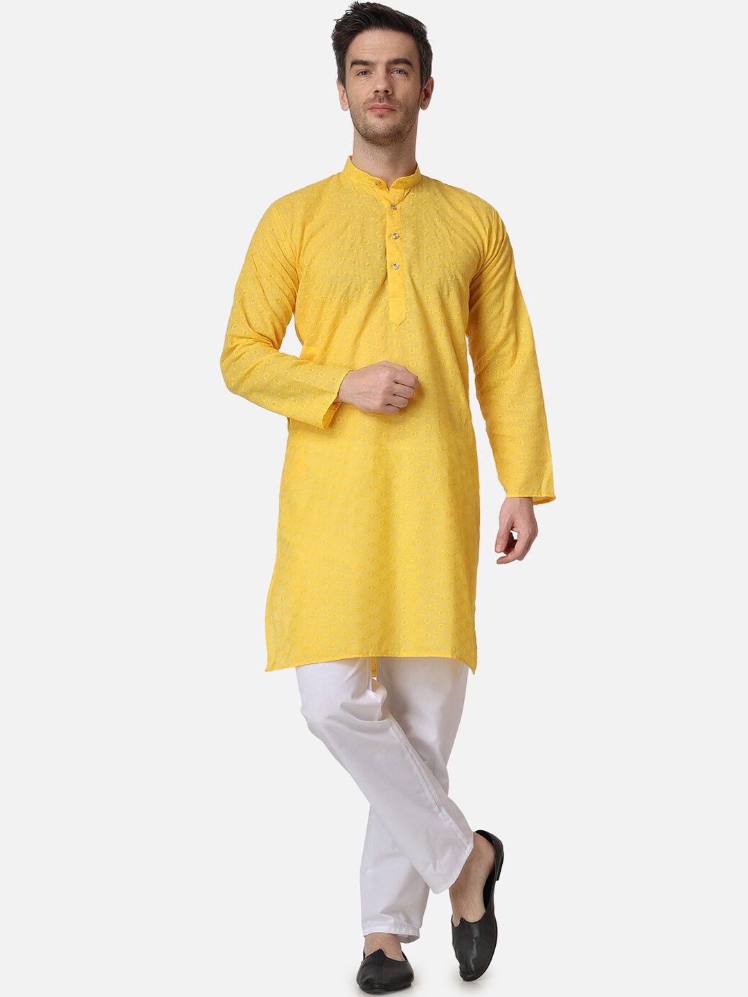 

ROYAL KURTA Embroidered Mandarin Collar Pure Cotton Straight Kurta with Pyjamas, Yellow