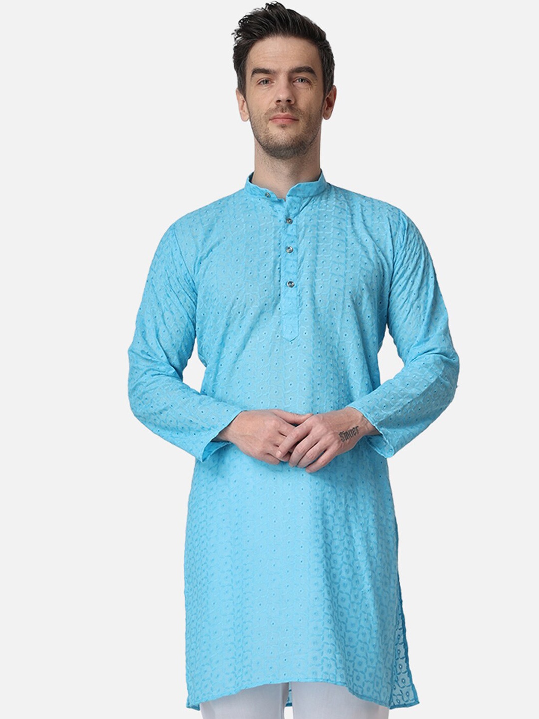 

ROYAL KURTA Men Cotton Mandarin Collar Kurta, Blue