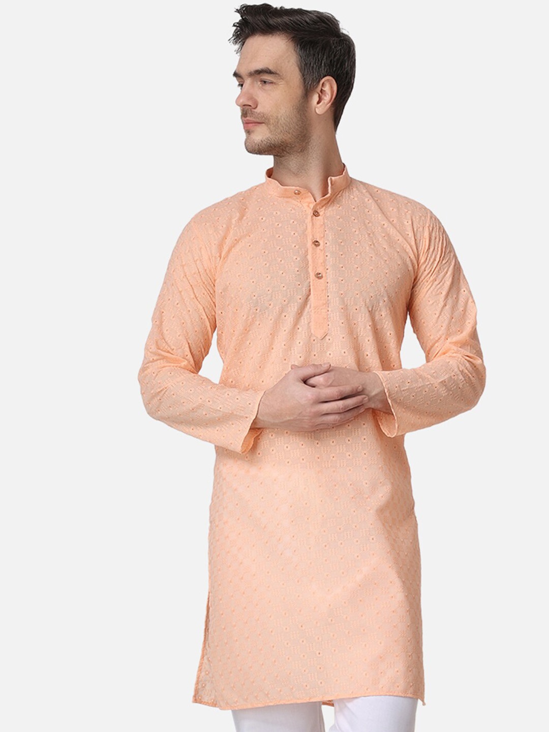 

ROYAL KURTA Men Chikankari Cotton Summer Sheers Kurta, Peach