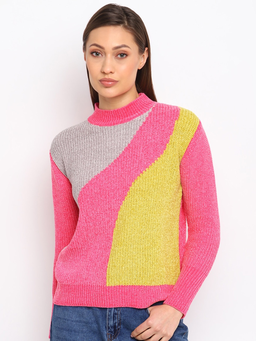 

COVER STORY Women Colourblocked Pullover Sweater, Fuchsia