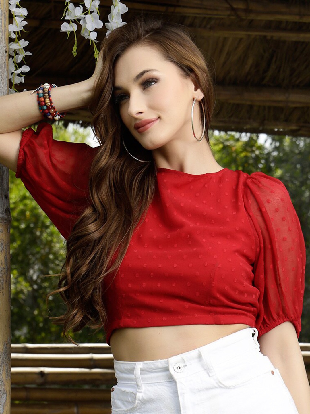 

Sera Self Design Styled Back Crop Top, Red