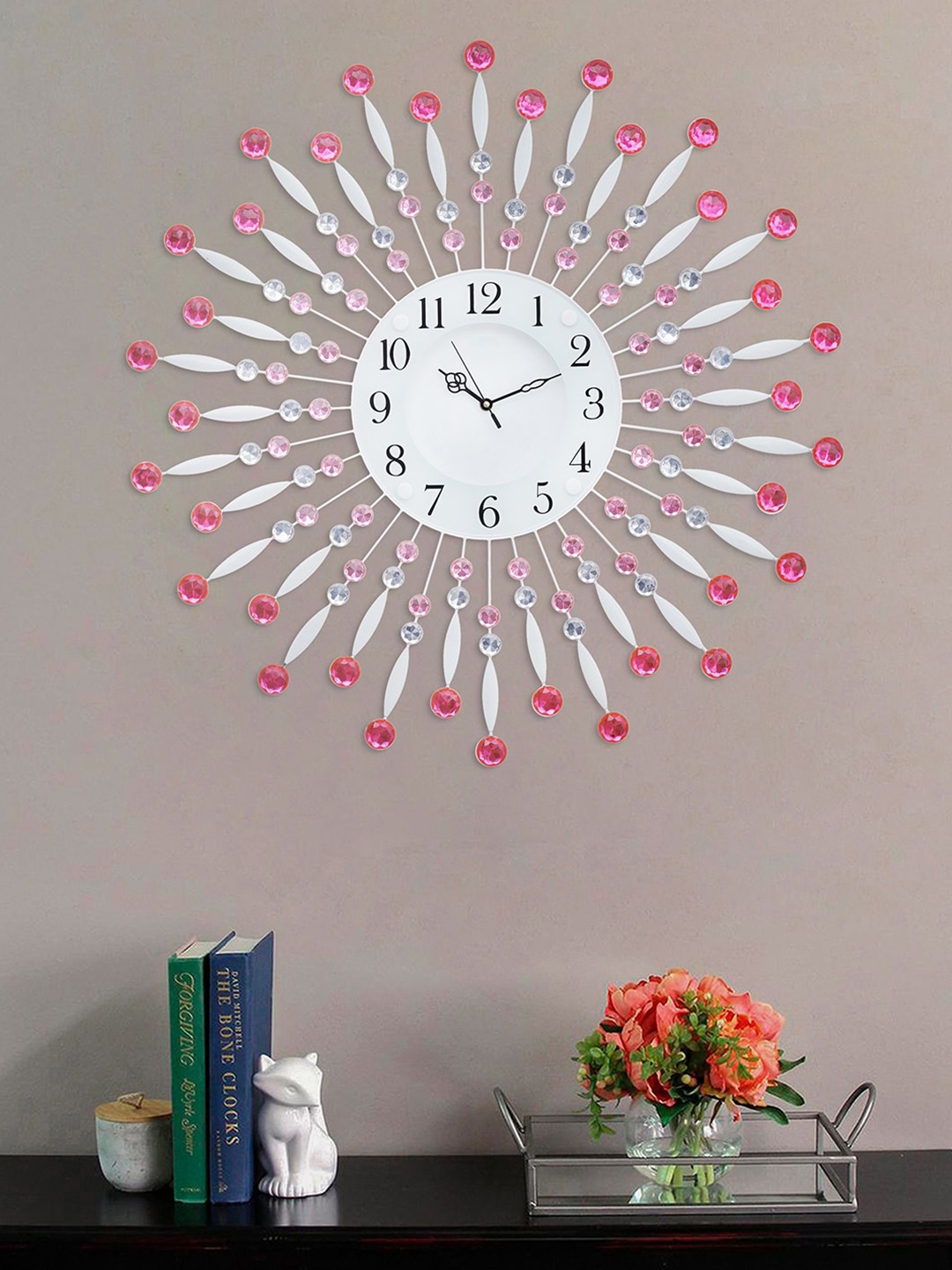 

eCraftIndia Pink & White Embellished Analogue Sweep Movement Contemporary Wall Clock