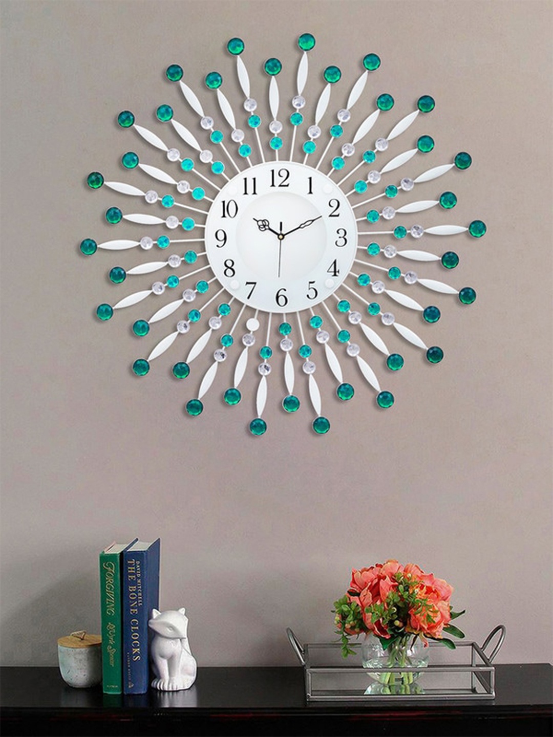 eCraftIndia Green & White Embellished Floral Analogue Contemporary Wall Clock