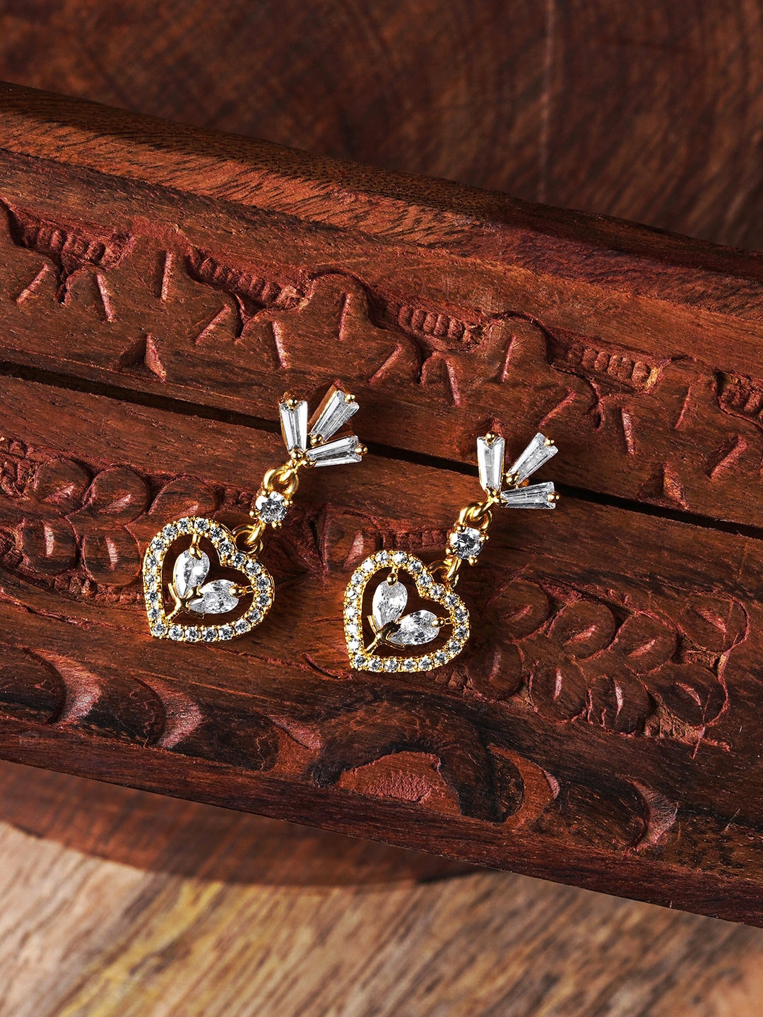 

HOT AND BOLD Gold-Plated Zircon Heart Shaped Drop Earrings, White