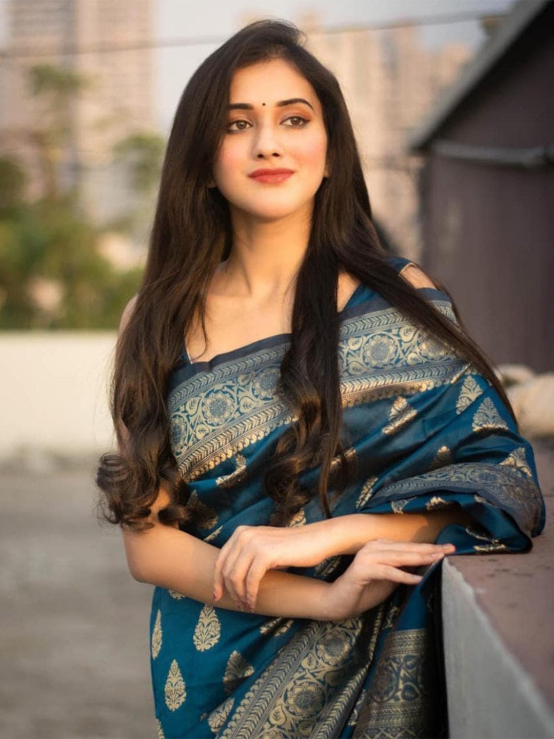 

Anjaneya Sarees Ethnic Motifs Woven Design Zari Saree, Blue