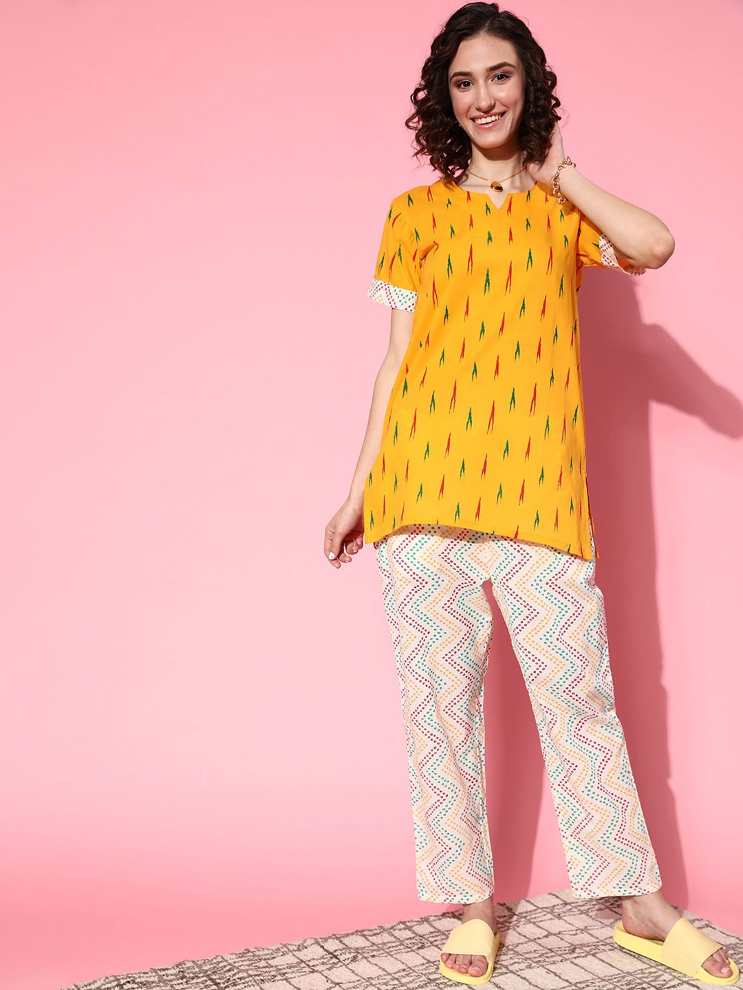 

MBeautiful Women Plus Size Ethnic Motifs Printed Organic Cotton Night Suit, Yellow