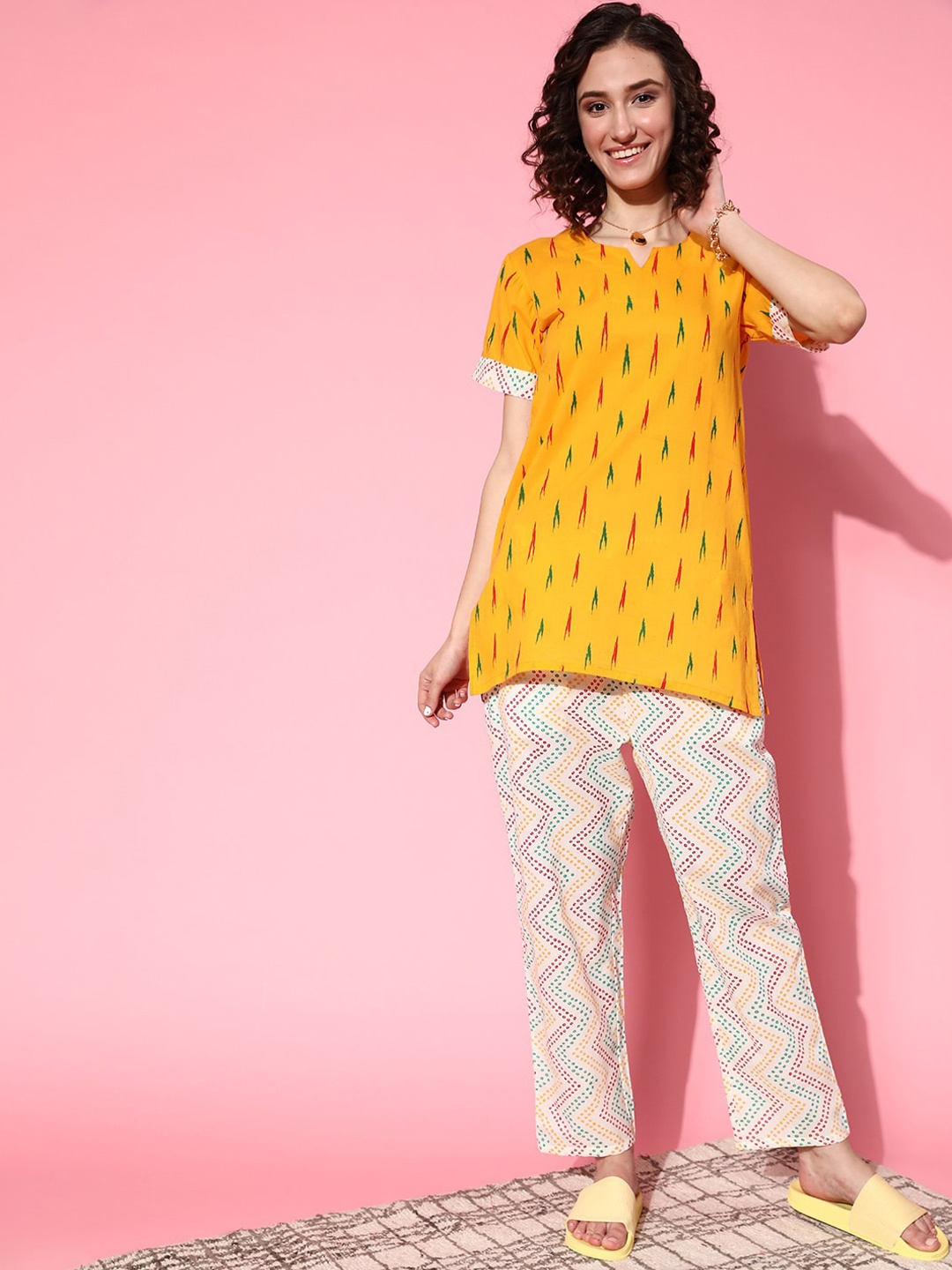 

MBeautiful Women Ethnic Motifs Printed Organic Cotton Night Suit, Yellow