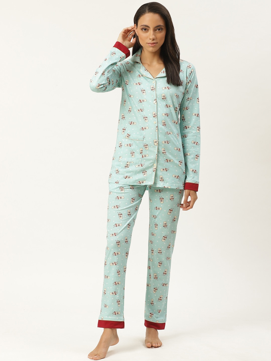 

MBeautiful Women Conversational Printed Pure Cotton Night Suit, Sea green