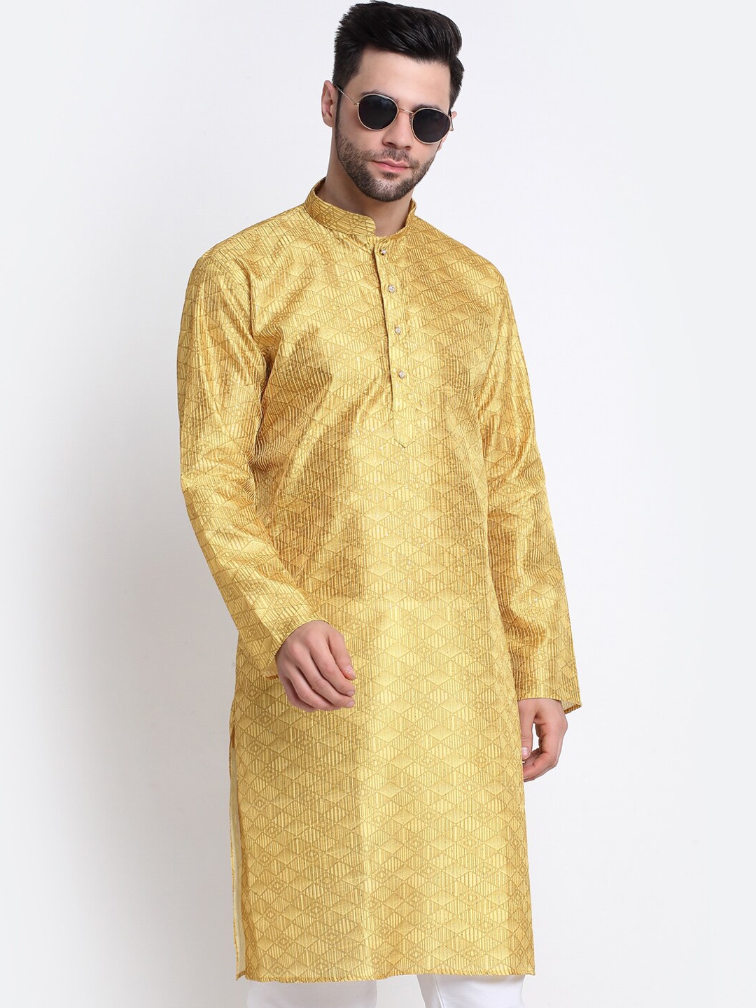 

KRAFT INDIA Geometric Printed Thread Work Silk Kurta, Yellow