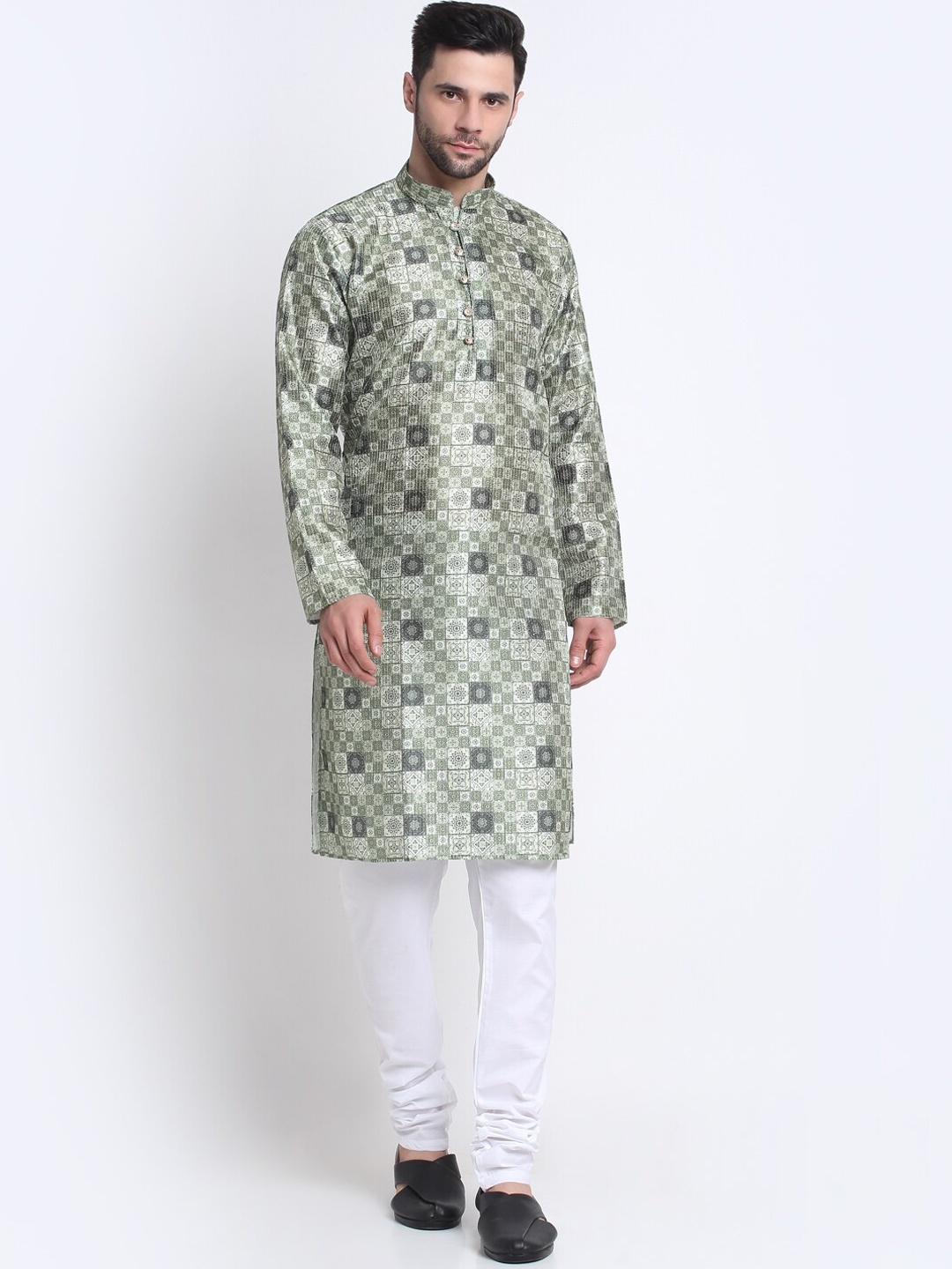 

KRAFT INDIA Mandarin Collar Printed Thread Work Kurta, Green