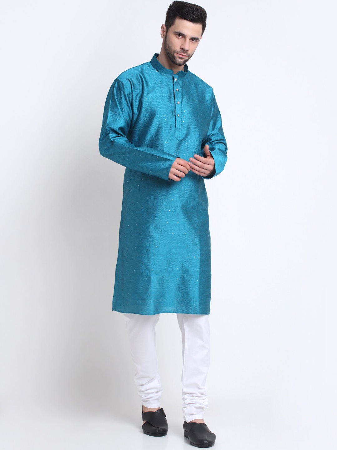 

KRAFT INDIA Mandarin Collar Ethnic Motifs Woven Design Kurta, Blue