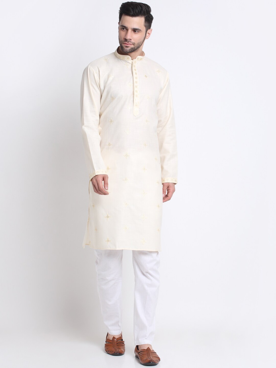 

KRAFT INDIA Mandarin Collar Floral Embroidered Kurta, Cream