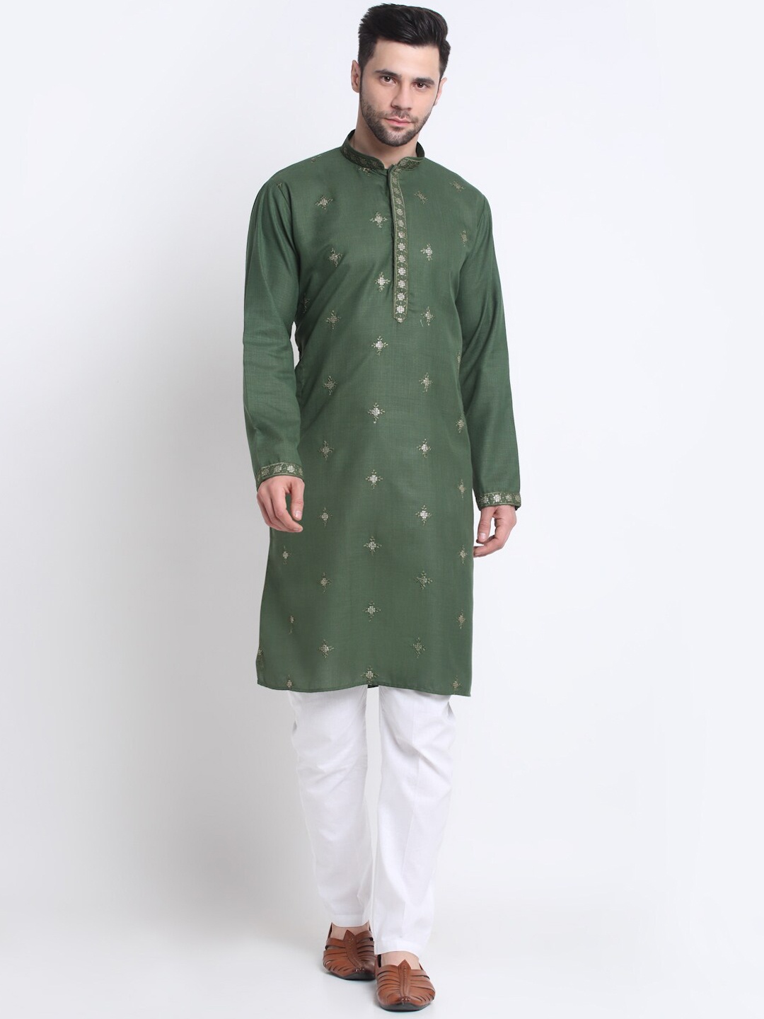 

KRAFT INDIA Men Cotton Floral Thread Work Kurta, Olive