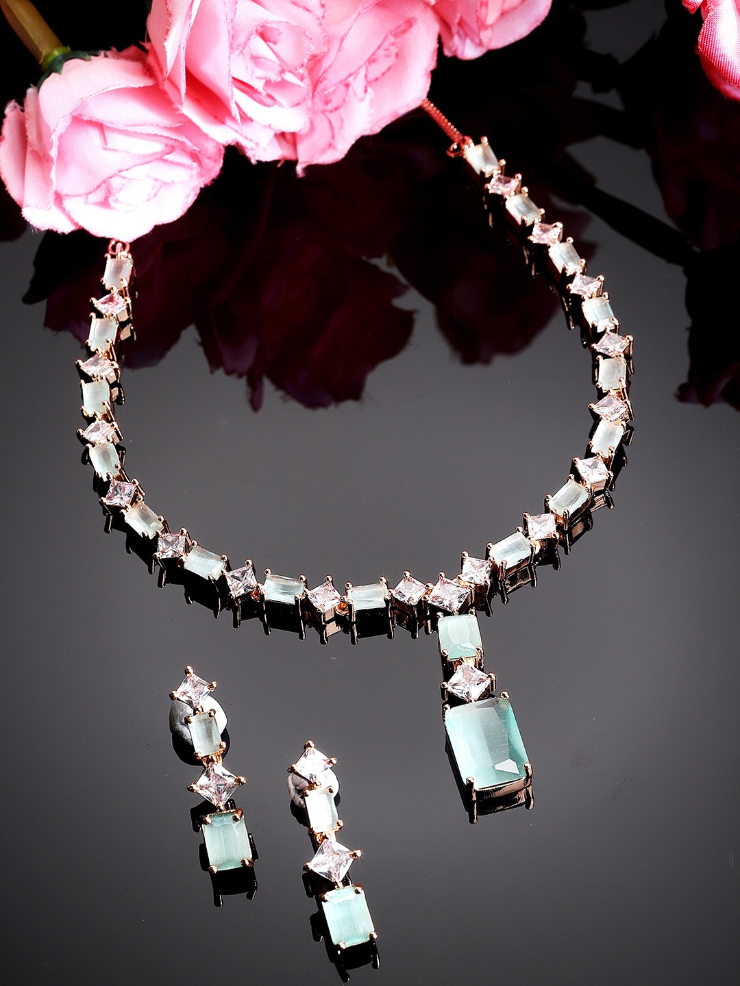 

KARATCART Rose Gold-Plated CZ-Studded Necklace & Earring Jewellery Set, Lime green