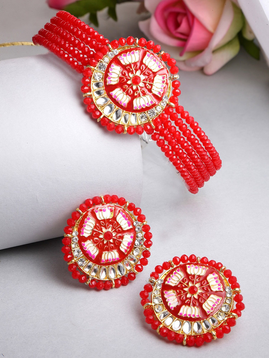 

KARATCART Gold-Plated Crystal-Studded & Beaded Choker Necklace Set